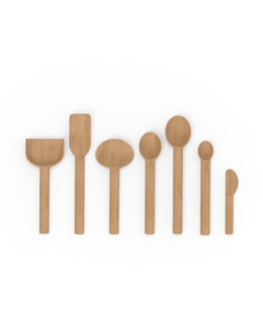 A set of wooden kitchen utensils containing three different spatulas, three spoons of different sizes and a butter knife