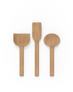 Wooden spatula trio containing shovel-like spatula, standard spatula and a round spatula