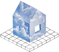 Small blue house made out of clouds